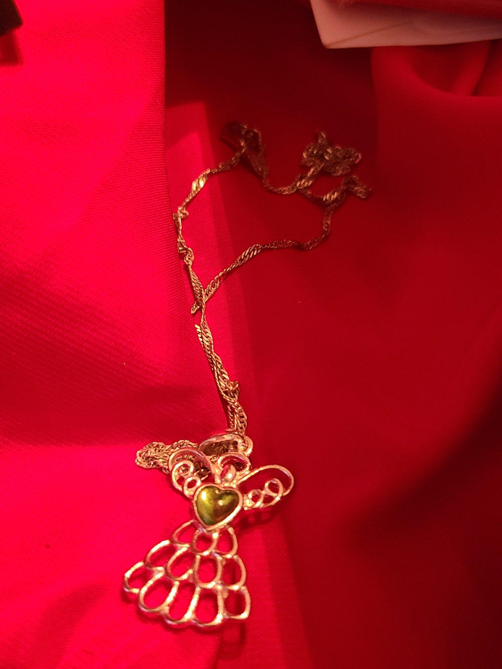 Vintage Gold Angel Necklace with Green Heart Accent